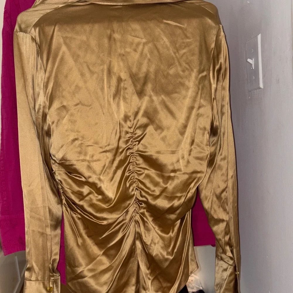 Cache Gold Satin Ruched Button-Front Blouse - Picture 3 of 3